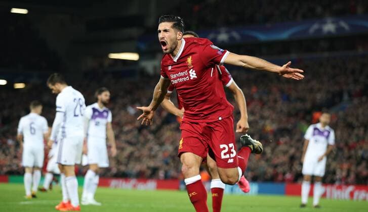 Football - 2017 2018 UEFA Champions League - Group E: Liverpool vs. NK Maribor Emre Can of Liverpool celebrates scoring at Anfield. COLORSPORT LYNNE CAMERON 
