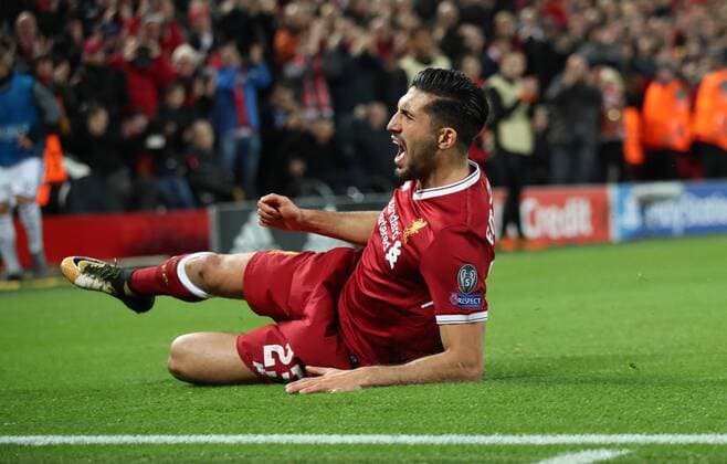Football - 2017 2018 UEFA Champions League - Group E: Liverpool vs. NK Maribor Emre Can of Liverpool celebrates scoring at Anfield. COLORSPORT LYNNE CAMERON 