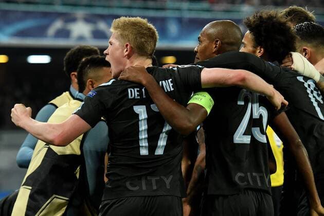 Esultanza Gol Sergio Aguero, Kevin De Bruyne Manchester 2-3 Goal celebration Napoli 01-11-2017 Stadio San Paolo Calcio Uefa Champions League 2017 2018 Group F Napoli - Manchester City Foto Andrea Staccioli Insidefoto andreaxstaccioli