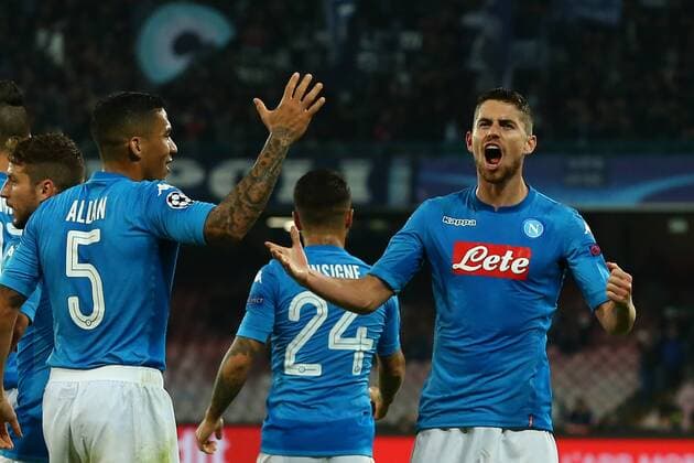 Esultanza dopo il gol di Jorge Luiz Frello Jorginho Napoli goal celebration Marques Loureiro Allan Napoli Lorenzo Insigne Napoli Napoli 01-11-2017 Stadio San Paolo Football Calcio UEFA Champions League 2017 2018 Napoli - Manchester City Group F Foto Cesare Purini Insidefoto cesarexpurini