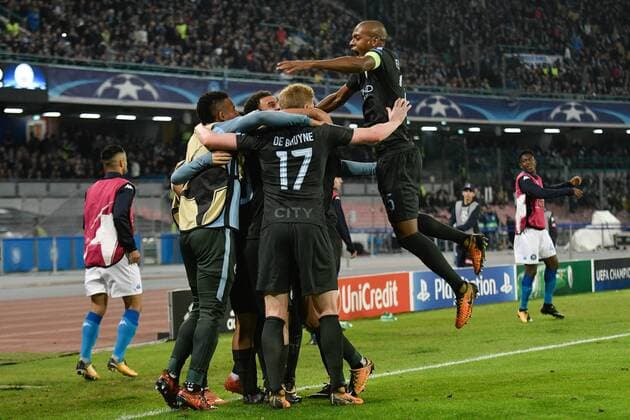 Sergio Aguero of Manchester City celebrates scoring third goal during the UEFA Champions League group F match between Napoli and Manchester City at Stadio San Paolo Naples Italy on 1 November 2017 Photo by Giuseppe Maffia  xUKSPx xAFP7x xNapolixvxManchesterxCity,xItaly,xNovx1thx2017x