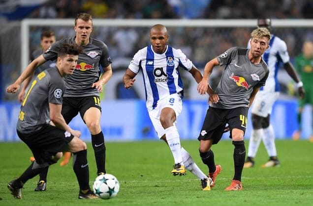 FOOTBALL CHAMPIONS LEAGUE SEASON 2017 2018 GROUP PHASE FC Porto RB Leipzig 01 11 2017 Marcel Sabitzer Lukas Klostermann and Kevin Kampl v l all RB Leipzig against Yacine Brahimi center FC Porto Porto