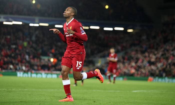 Football - 2017 2018 UEFA Champions League - Group E: Liverpool vs. NK Maribor Daniel Sturridge of Liverpool celebrates scoring at Anfield. COLORSPORT LYNNE CAMERON 