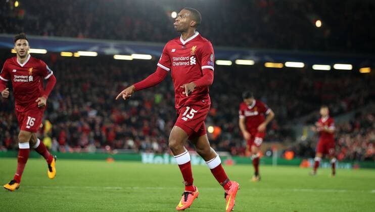 Football - 2017 2018 UEFA Champions League - Group E: Liverpool vs. NK Maribor Daniel Sturridge of Liverpool celebrates scoring at Anfield. COLORSPORT LYNNE CAMERON 