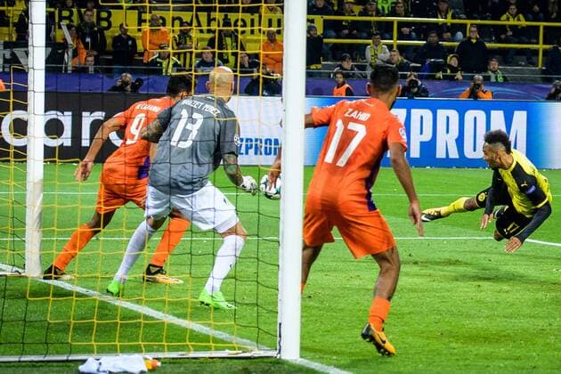 Pierre Emericks header Aubameyang Borussia Dortmund 17 is cleared on the line by Igor de Camargo Apoel FC 9 with Nauzet Apoel FC 13 in the Champions League match between Borussia Dortmund and Apoel FC on 01 11 2017 Dortmund Copyright: xSchuelerx xEibnerx-xPressefotox EP_EER