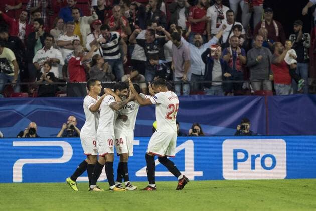 November 1, 2017 - Seville, Spain - Players of Sevilla celebrate after scoring 2-0 during the UEFA Champions League Group E soccer match between Sevilla FC and Spartak Moskva at Estadio Ramon Sanchez Pizjuan Soccer 2017 - Sevilla FC vs Spartak Moskva - ZUMAa142 20171101_zap_a142_026 Copyright: xDanielxGonzalezxAcunax