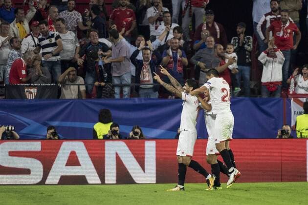 November 1, 2017 - Seville, Spain - Ever Banega of Sevilla (L ) celebrates after scoring 2-0 during the UEFA Champions League Group E soccer match between Sevilla FC and Spartak Moskva at Estadio Ramon Sanchez Pizjuan Soccer 2017 - Sevilla FC vs Spartak Moskva - ZUMAa142 20171101_zap_a142_031 Copyright: xDanielxGonzalezxAcunax