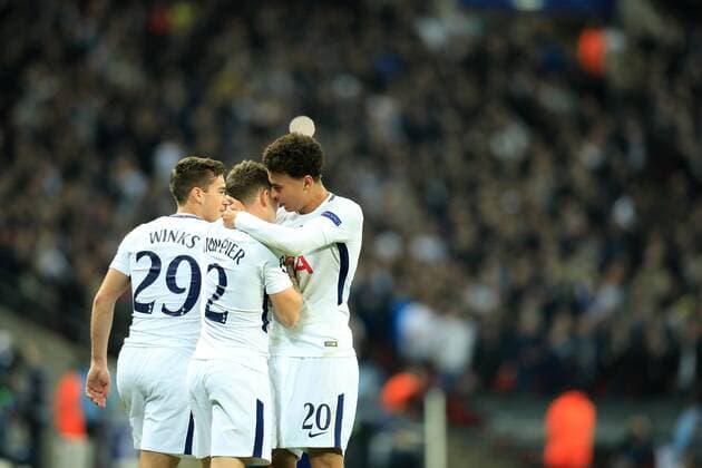 1st November 2017, Wembley Stadium, London, England; UEFA Champions League, Tottenham Hotspur versus Real Madrid; Dele Alli of Tottenham Hotspur celebrates with team mate Kieran Trippier  ActionPlus11946946