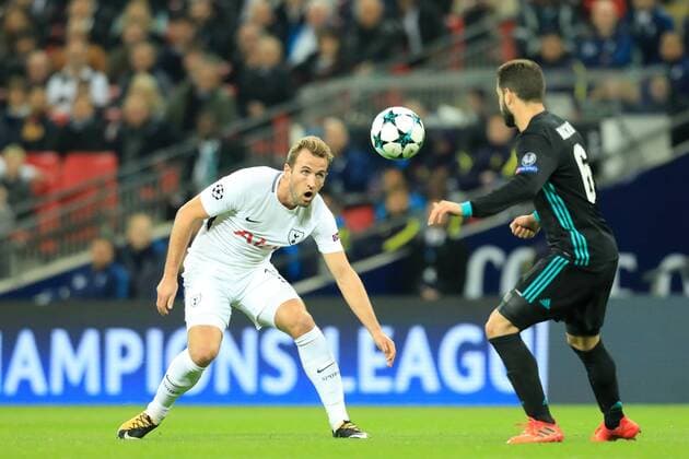 1st November 2017, Wembley Stadium, London, England; UEFA Champions League, Tottenham Hotspur versus Real Madrid; Harry Kane of Tottenham Hotspur competes for the ball against Nacho Fernandez of Real Madrid  ActionPlus11946952