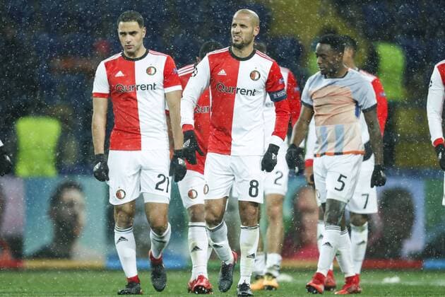 (l-r) Sofyan Amrabat of Feyenoord, Karim El Ahmadi of Feyenoord, Ridgeciano Haps of Feyenoord during the UEFA Champions League group F match between Shakhtar Donetsk and Feyenoord Rotterdam at Metalist Stadium on November 01, 2017 in Kharkiv, Ukraine UEFA Champions League 2017 2018 xVIxVIxImagesx xMauricexvanxSteenxIVx 9184848