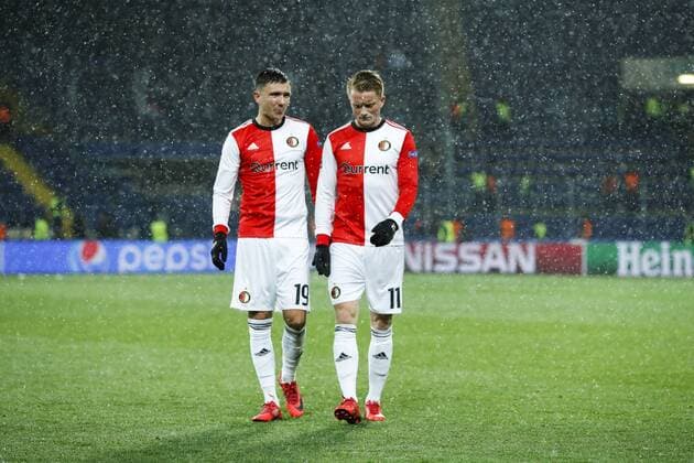 (l-r) Steven Berghuis of Feyenoord, Sam Larsson of Feyenoord during the UEFA Champions League group F match between Shakhtar Donetsk and Feyenoord Rotterdam at Metalist Stadium on November 01, 2017 in Kharkiv, Ukraine UEFA Champions League 2017 2018 xVIxVIxImagesx xMauricexvanxSteenxIVx 9184945