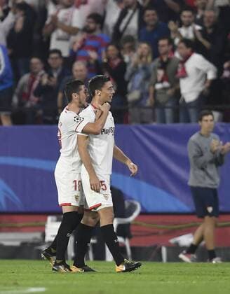 The player of the Sevilla Clement Lenglet celebrates the goal during the party belonging to League of Champions facing to the Sevilla FC vs Spartak Moscu stadium Ramon Sanchez Pizjuan on the 01 11 2017th Seville Andalusia Spain foto Cristobal Duenas  xx xx