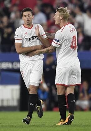 The player of the Sevilla Clement Lenglet celebrates the goal during the party belonging to League of Champions facing to the Sevilla FC vs Spartak Moscu stadium Ramon Sanchez Pizjuan on the 01 11 2017th Seville Andalusia Spain foto Cristobal Duenas  xx xx