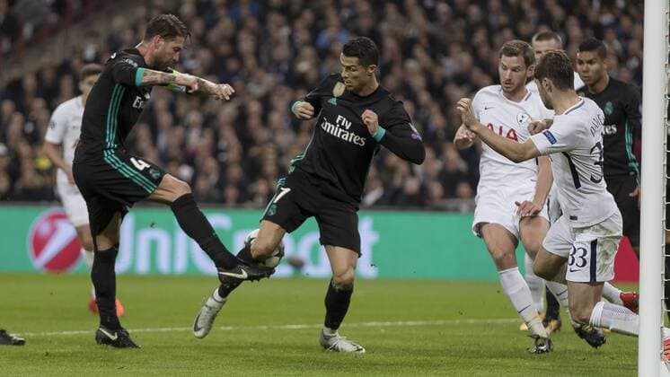 Football - 2017 2018 UEFA Champions League - Group H: Tottenham Hotspur vs. Real Madrid Sergio Ramos (Real Madrid) and Cristiano Ronaldo (Real Madrid) sum up thier teams night as they get in each others way in front of the Tottenham goal at Wembley Stadium. COLORSPORT DANIEL BEARHAM  csp_tot_rma_011117_