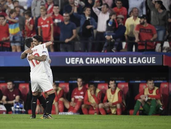The player of the Sevilla Ever Banega celebrates the goal during the party belonging to League of Champions facing to the Sevilla FC vs Spartak Moscu stadium Ramon Sanchez Pizjuan on the 01 11 2017th Seville Andalusia Spain foto Cristobal Duenas  xx xx