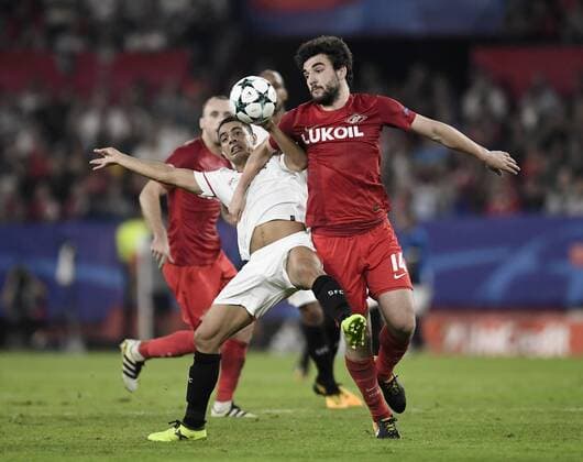 The player of the Sevilla Wissam Ben Yedder in a play of action with the player of the Spartak Georgi Dzhikiya during the party belonging to League of Champions facing to the Sevilla FC vs Spartak Moscu stadium Ramon Sanchez Pizjuan on the 01 11 2017th Seville Andalusia Spain foto Cristobal Duena  xx xx