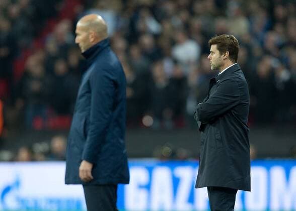 Mauricio Pochettino manager of Tottenham Hotspur and Zinedine Zidane manager of Real Madrid during the UEFA Champions League group H match between Tottenham Hotspur and Real Madrid at Wembley Stadium London England on 1 November 2017 Photo by Vince Mignott  xVincexMignottx xUKSPx xAFP7x xTottenhamxvxRealxMadrid,xUK,xNovx1thx2017x