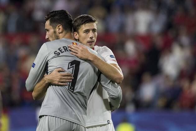 November 1, 2017 - Seville, Spain - Sergio Rico of Sevilla (L ) celebrate with Clement Lenglet ( R) after Sevilla FC wins the UEFA Champions League Group E soccer match between Sevilla FC and Spartak Moskva at Estadio Ramon Sanchez Pizjuan Soccer 2017 - Sevilla FC vs Spartak Moskva - ZUMAa142 20171101_zap_a142_038 Copyright: xDanielxGonzalezxAcunax