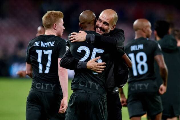 Josep Guardiola of Manchester City celebrates the victory during the UEFA Champions League group F match between Napoli and Manchester City at Stadio San Paolo Naples Italy on 1 November 2017 Photo by Giuseppe Maffia  xGiuseppexMaffiax xUKSPx AFP7x xNapolixvxManchesterxCity,xItaly,xNovx1thx2017x