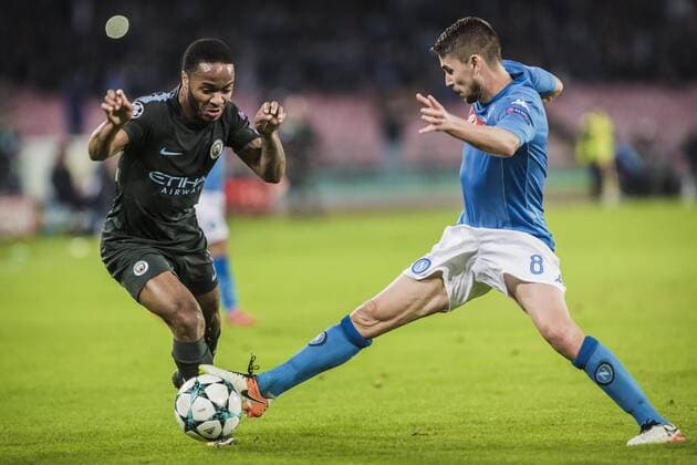 1st November 2017, Stadio San Paolo, Naples, Italy; UEFA Champions League, Napoli versus Manchester City; Midfielder Raheem Sterling of Manchester City skips away from the tackle against Midfielder Jorginho of Napoli  ActionPlus11946979