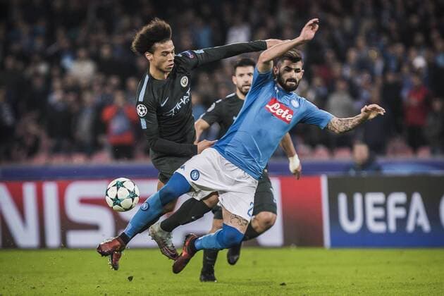1st November 2017, Stadio San Paolo, Naples, Italy; UEFA Champions League, Napoli versus Manchester City; Midfielder Leroy Sane of Manchester City clashes with Defender Elseid Hysaj of Napoli  ActionPlus11946985