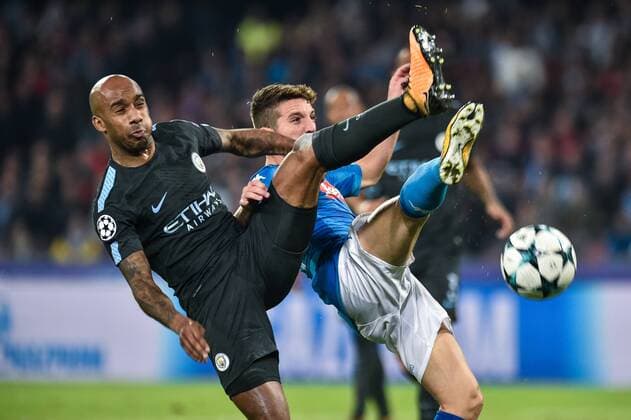 November 1, 2017 - Naples, Italy - Fabian Delph of Manchester City and Dries Mertens of Napoli fights for the ball during the UEFA Champions League match between Napoli v Manchester City at San Paolo Stadium, Naples, Italy on 1 November 2017. Napoli v Manchester City - UEFA Champions League  - ZUMAn230 20171101_zaa_n230_363 Copyright: xGiuseppexMaffiax