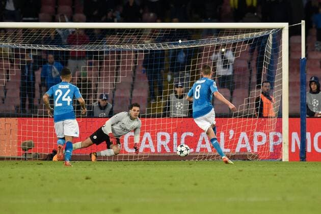 November 1, 2017 - Naples, Italy - Jorginho of Napoli scores second goal during the UEFA Champions League match between Napoli v Manchester City at San Paolo Stadium, Naples, Italy on 1 November 2017. Napoli v Manchester City - UEFA Champions League  - ZUMAn230 20171101_zaa_n230_395 Copyright: xGiuseppexMaffiax
