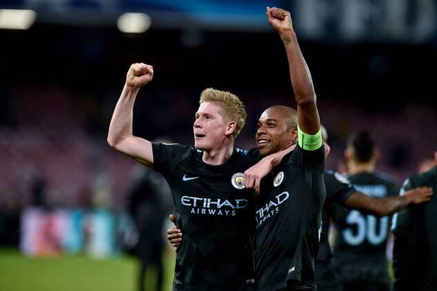 November 1, 2017 - Naples, Italy - Kevin De Bruyne of Manchester City and Fernandinho of Manchester City celebrate the victory during the UEFA Champions League match between Napoli v Manchester City at San Paolo Stadium, Naples, Italy on 1 November 2017. Napoli v Manchester City - UEFA Champions League  - ZUMAn230 20171101_zaa_n230_437 Copyright: xGiuseppexMaffiax