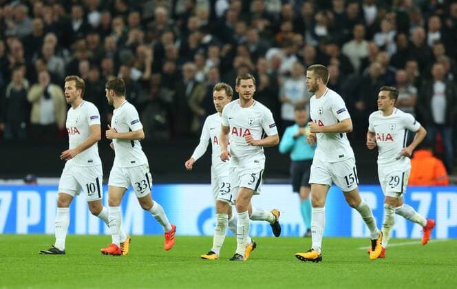 (171102) -- LONDON, Nov. 2, 2017 () -- Players of Tottenham Hotspur celebrate their second goal during the UEFA Champions League Group H match between Tottenham Hotspur and Real Madrid at Wembley Stadium in London, Britain on Nov. 1, 2017. Tottenham Hotspur won 3-1. () (SP)BRITAIN-LONDON-FOOTBALL-UEFA CHAMPIONS LEAGUE-GROUP H Xinhua 