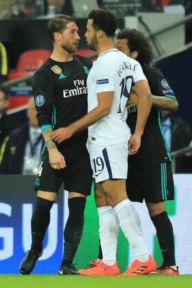 1st November 2017, Wembley Stadium, London, England; UEFA Champions League, Tottenham Hotspur versus Real Madrid; Sergio Ramos of Real Madrid and Mousa Dembele of Tottenham Hotspur come together after a rash challenge from Dembele floors Ramos  ActionPlus11947066