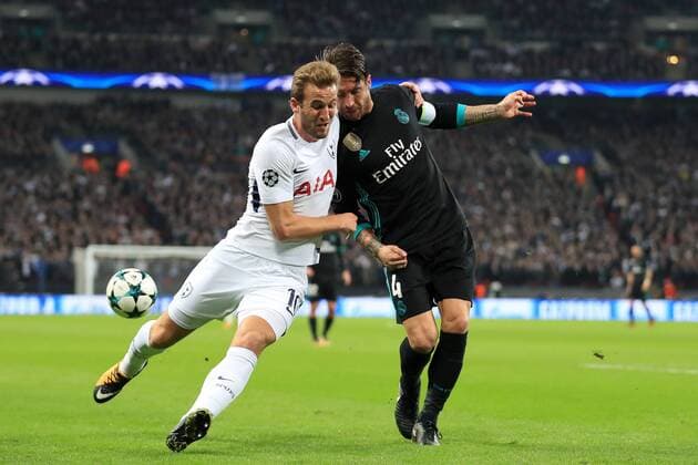 1st November 2017, Wembley Stadium, London, England; UEFA Champions League, Tottenham Hotspur versus Real Madrid; Harry Kane of Tottenham Hotspur battles with Sergio Ramos of Real Madrid  ActionPlus11947071
