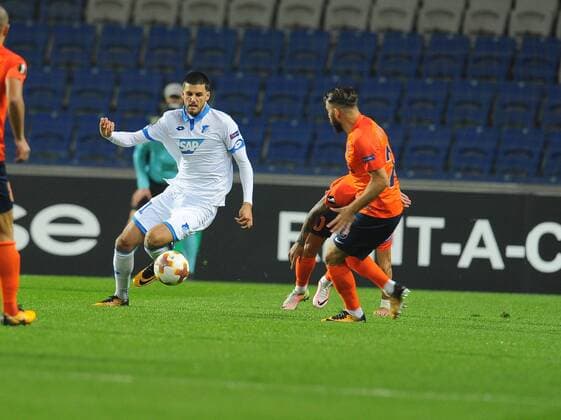 Tunay Torun (R) of Basaksehir and Florian Grillitsch (L) of Hoffenhein during the UEFA Europa League group C match between Istanbul Basaksehir and Hoffenheim at Basaksehir Fatih Terim Stadium in Istanbul, Turkey, on November 02, 2017. 