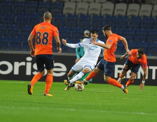 Tunay Torun (R) of Basaksehir and Florian Grillitsch (L) of Hoffenhein during the UEFA Europa League group C match between Istanbul Basaksehir and Hoffenheim at Basaksehir Fatih Terim Stadium in Istanbul, Turkey, on November 02, 2017. 