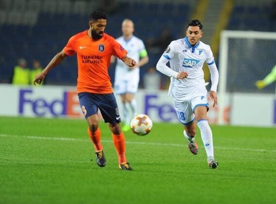 Gael Clichy of Basaksehir and Nadiem Amiri (R) of Hoffenhein during the UEFA Europa League group C match between Istanbul Basaksehir and Hoffenheim at Basaksehir Fatih Terim Stadium in Istanbul, Turkey, on November 02, 2017. 