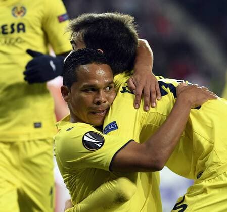 Carlos Bacca of Villarreal, left, celebrates a goal during the UEFA European Soccer League group A 4th round match between Villarreal and Slavia Prague at the Eden stadium in Prague, Czech Republic, November 2, 2017. (CTKxPhoto MichalxKrumphanzl) CTKPhotoP201711021050801  kru 2