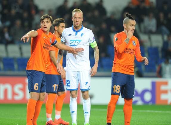 Alexandru Epureanu 6 , Stefano Napoleoni 18 of Basaksehir and Kevin Vogt 22 of Hoffenhein during the UEFA Europa League group C match between Istanbul Basaksehir and Hoffenheim at Basaksehir Fatih Terim Stadium in Istanbul, Turkey, on November 02, 2017. 
