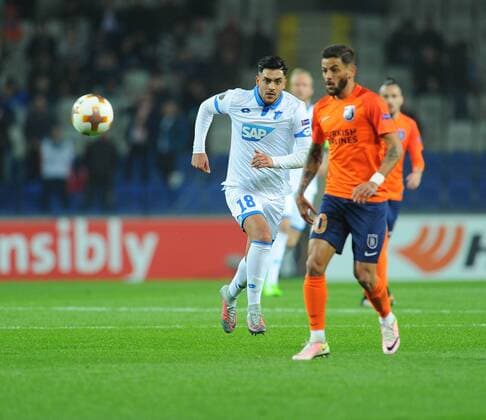 Junior Caicara of Basaksehir and Nadiem Amiri 18 of Hoffenhein during the UEFA Europa League group C match between Istanbul Basaksehir and Hoffenheim at Basaksehir Fatih Terim Stadium in Istanbul, Turkey, on November 02, 2017. 