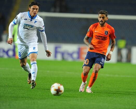 Junior Caicara (R) of Basaksehir and Nico Schulz (L) of Hoffenhein during the UEFA Europa League group C match between Istanbul Basaksehir and Hoffenheim at Basaksehir Fatih Terim Stadium in Istanbul, Turkey, on November 02, 2017. 