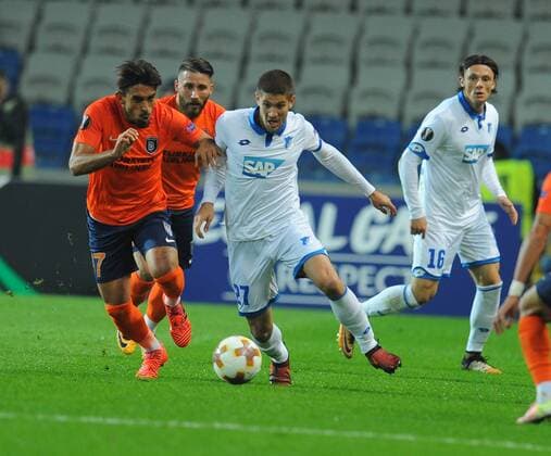 Irfan Can Kahveci of Basaksehir and Andrej Kramaric 27 of Hoffenhein during the UEFA Europa League group C match between Istanbul Basaksehir and Hoffenheim at Basaksehir Fatih Terim Stadium in Istanbul, Turkey, on November 02, 2017. 