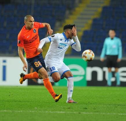 Gokhan Inler of Basaksehir and Nadiem Amiri (R) of Hoffenhein during the UEFA Europa League group C match between Istanbul Basaksehir and Hoffenheim at Basaksehir Fatih Terim Stadium in Istanbul, Turkey, on November 02, 2017. 
