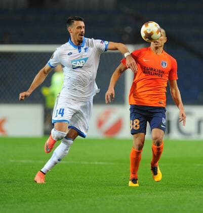 Gokhan Inler (R) of Basaksehir and Sandro Wagner (L) of Hoffenhein during the UEFA Europa League group C match between Istanbul Basaksehir and Hoffenheim at Basaksehir Fatih Terim Stadium in Istanbul, Turkey, on November 02, 2017. 