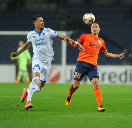 Gokhan Inler (R) of Basaksehir and Sandro Wagner (L) of Hoffenhein during the UEFA Europa League group C match between Istanbul Basaksehir and Hoffenheim at Basaksehir Fatih Terim Stadium in Istanbul, Turkey, on November 02, 2017. 