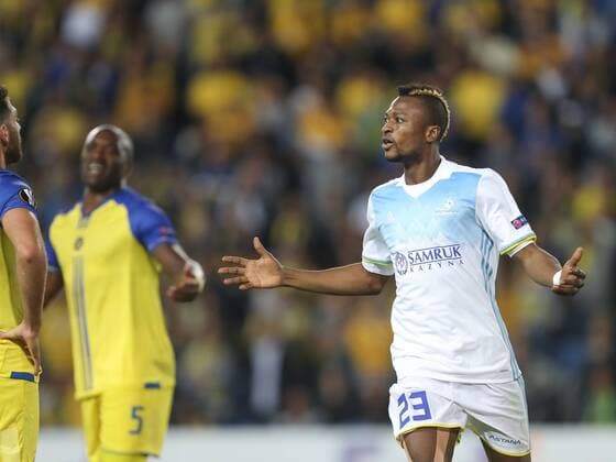 November 2, 2017 - Netanya, Israel - Patrick Twumasi of Astana celebrates his goal during the UEFA Europa League group stage match between Maccabi Tel Aviv and Astana FC at Netanya Stadium, Netanya, Israel on 2 November 2017. Astana won 1-0. Maccabi Tel Aviv and Astana FC - UEFA Europa League  - ZUMAn230 20171102_zaa_n230_200 Copyright: xAhmadxMorax