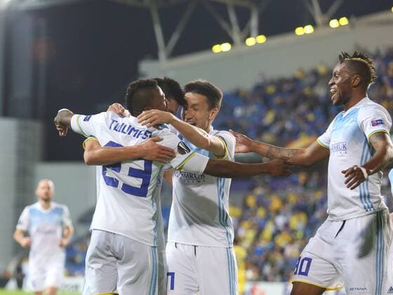 November 2, 2017 - Netanya, Israel - Astana players celebrate the victory the UEFA Europa League group stage match between Maccabi Tel Aviv and Astana FC at Netanya Stadium, Netanya, Israel on 2 November 2017. Astana won 1-0. Maccabi Tel Aviv and Astana FC - UEFA Europa League  - ZUMAn230 20171102_zaa_n230_202 Copyright: xAhmadxMorax