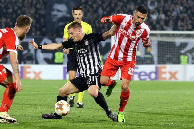 02.11.2017 Belgrade(Serbia) FK Partizan-KF Skenderbeu Europa League men s football Ognjen Ozegovic(c) FK Partizan, Sabien Lilaj(r) KF Skenderbeu : 