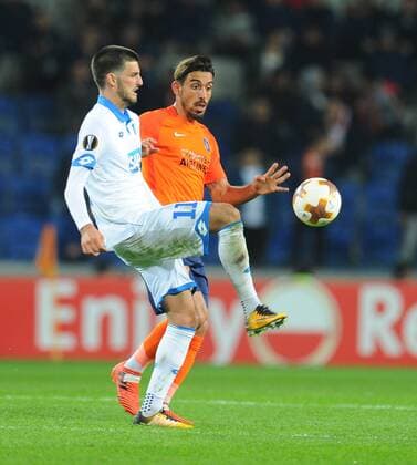 Irfan Can Kahveci of Basaksehir and Florian Grillitsch of Hoffenhein during the UEFA Europa League group C match between Istanbul Basaksehir and Hoffenheim at Basaksehir Fatih Terim Stadium in Istanbul, Turkey, on November 02, 2017. 