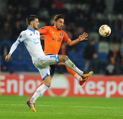 Irfan Can Kahveci of Basaksehir and Florian Grillitsch of Hoffenhein during the UEFA Europa League group C match between Istanbul Basaksehir and Hoffenheim at Basaksehir Fatih Terim Stadium in Istanbul, Turkey, on November 02, 2017. 