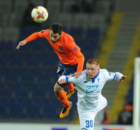 Alparslan Erdem (L) of Basaksehir and Philipp Ochs 30 of Hoffenhein during the UEFA Europa League group C match between Istanbul Basaksehir and Hoffenheim at Basaksehir Fatih Terim Stadium in Istanbul, Turkey, on November 02, 2017. 