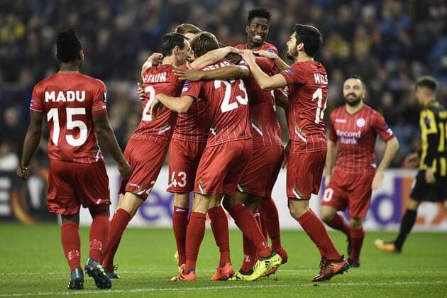 Essevee s Marvin Baudry celebrates after scoring during a soccer game between Dutch club SBV Vitesse and Belgian team SV Zulte Waregem, Thursday 02 November 2017 in Arnhem, The Netherlands, the fourth game of the group stage (Group K) of the UEFA Europa League competition. YORICKxJANSENS  x05193756x