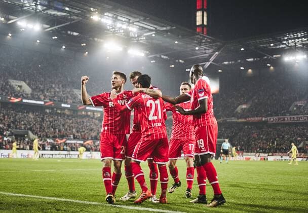 02 11 2017 Leverkusen Germany Uefa Euro League Group H 1 FC Cologne Bate Borissow Colognes scorer Simon Zoller celebrates his goal for the 1 0 with his teammates